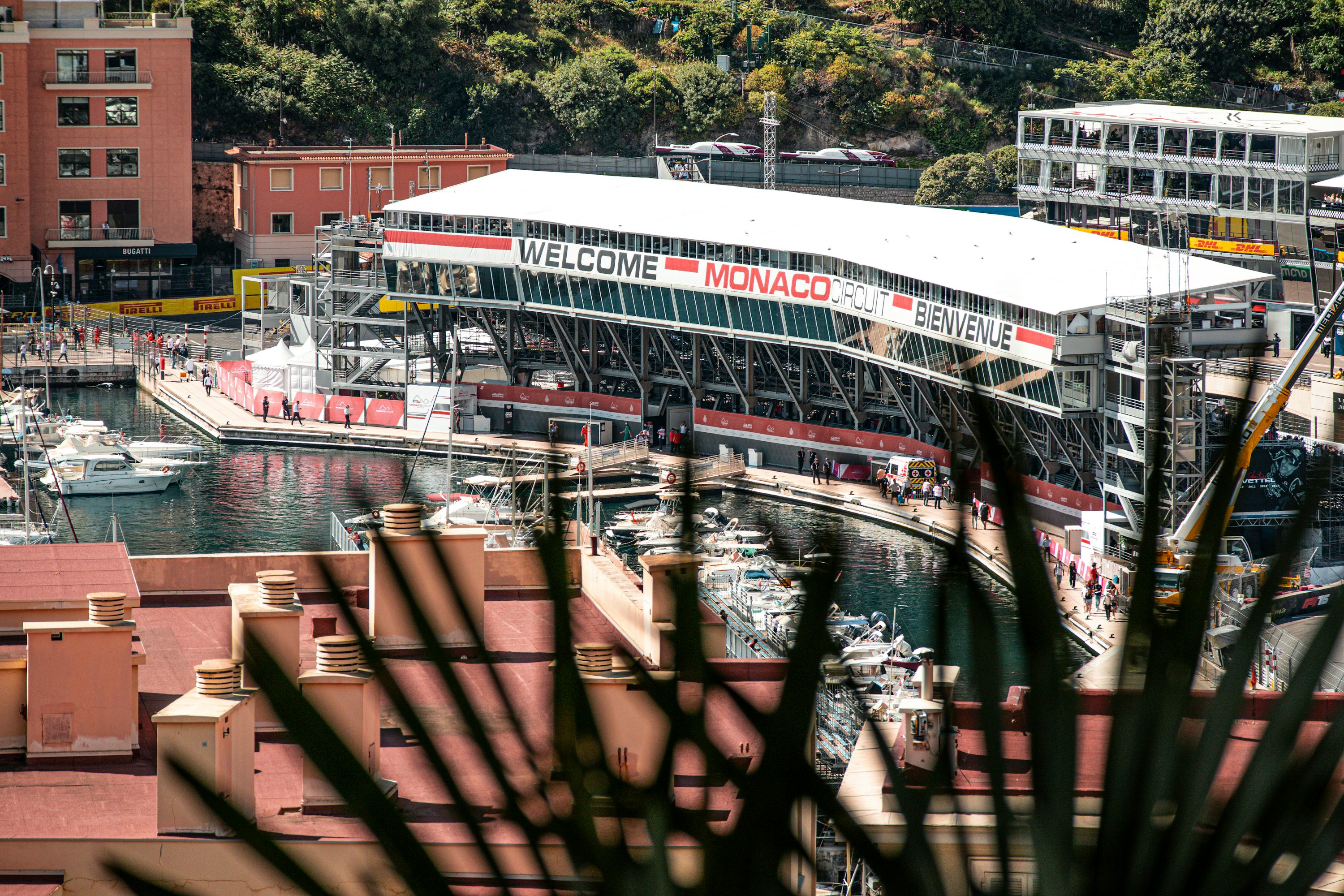Monaco Grand Prix circuit signage above the harbour