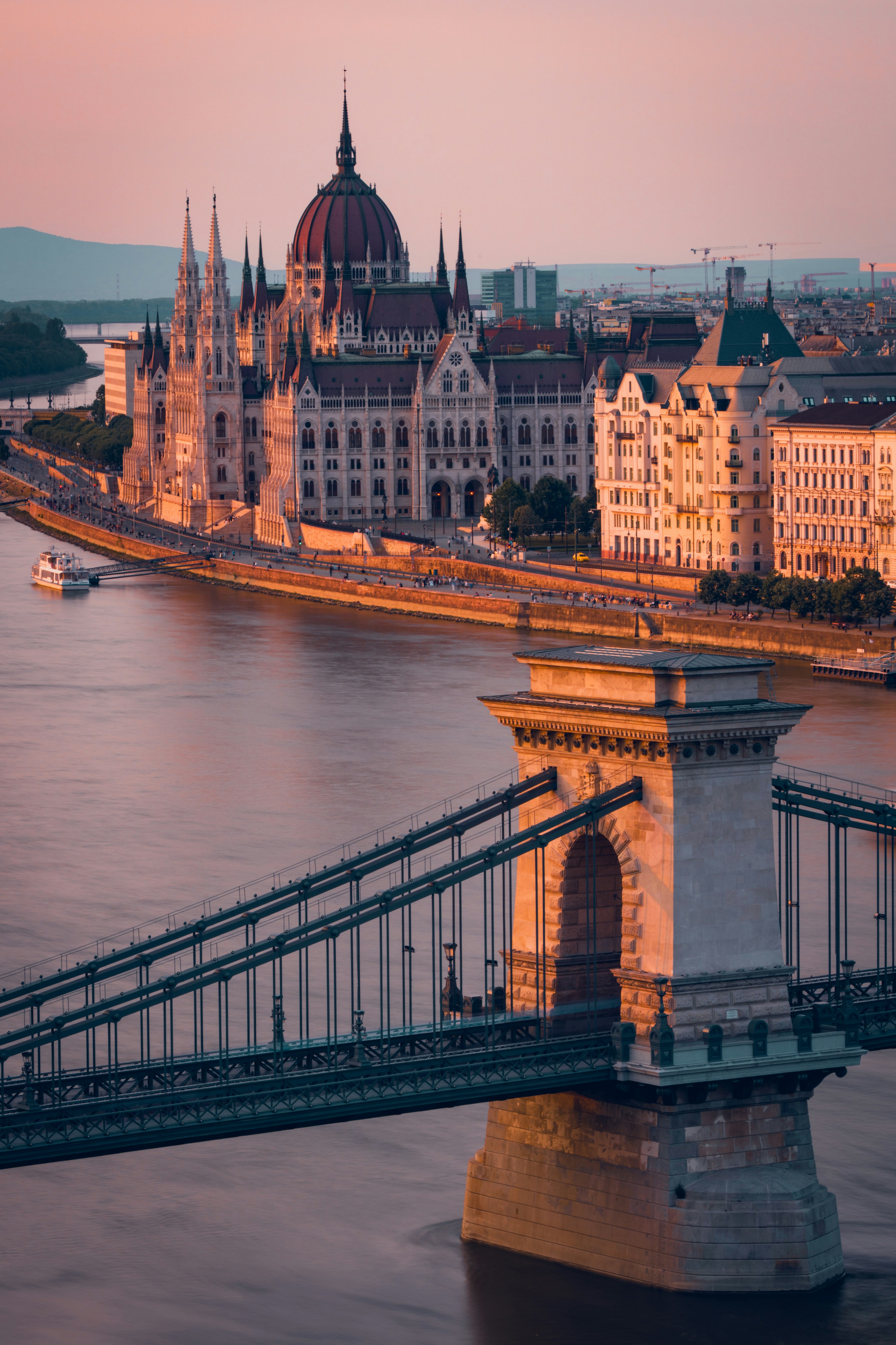 Hungarian Parliament Building and Chain Bridge at sunset