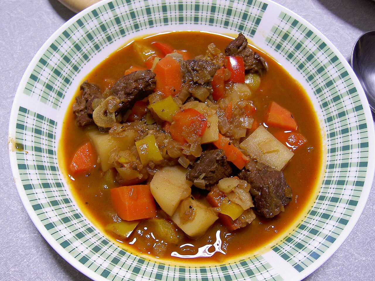 A bowl of traditional Hungarian goulash soup