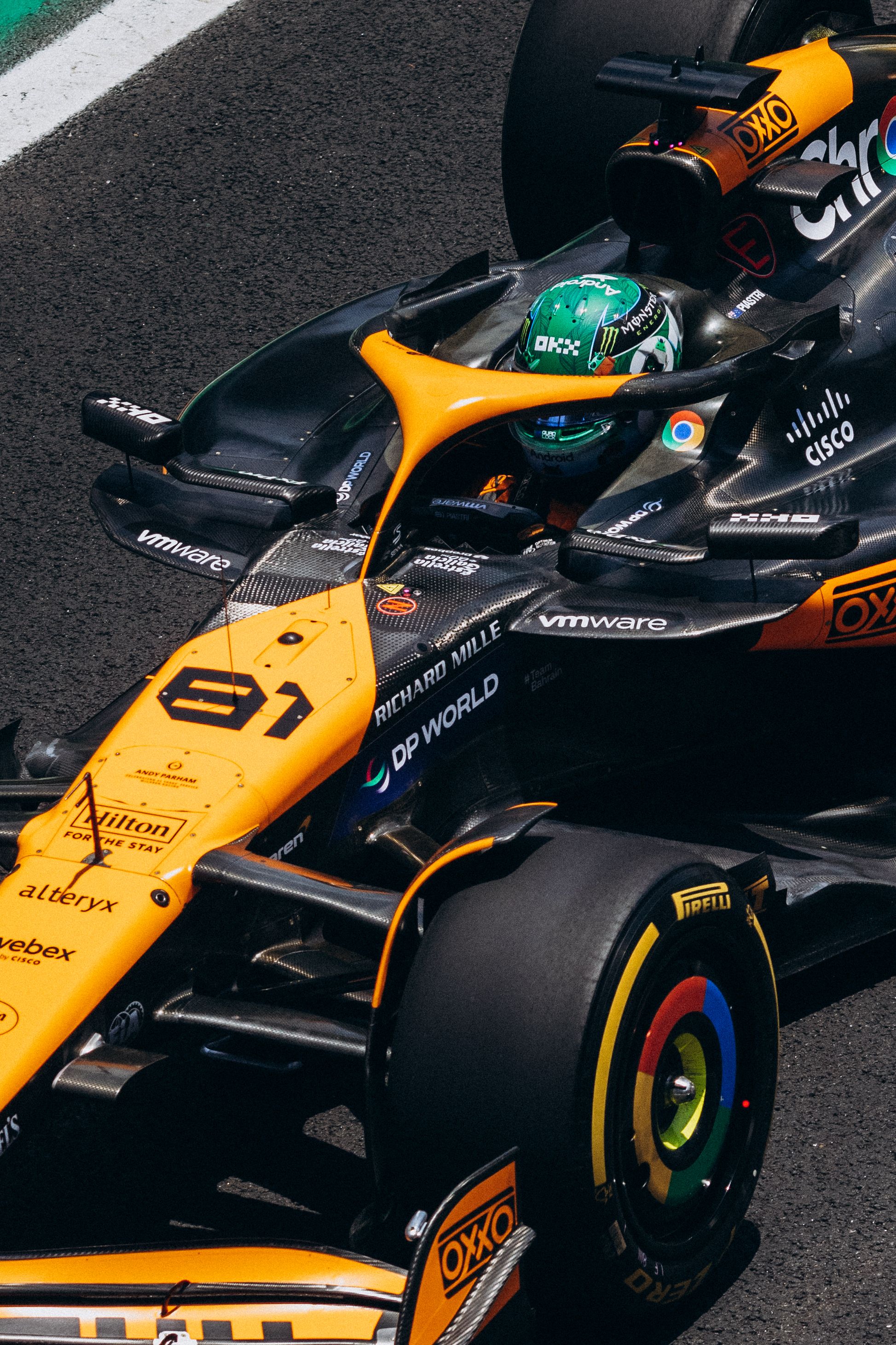 Close-up of a Formula 1 race car on track