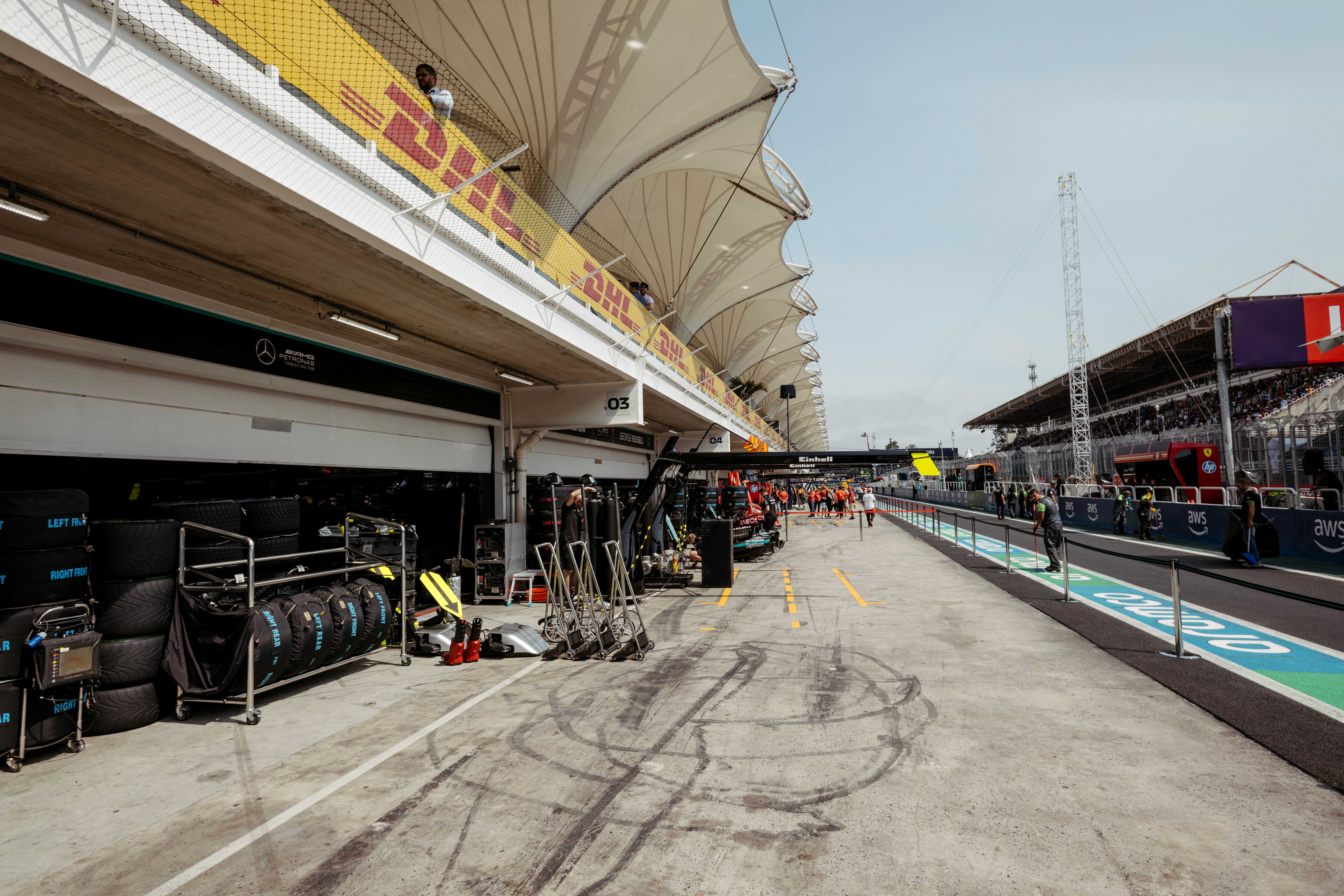 Formula 1 pit lane and garage scene
