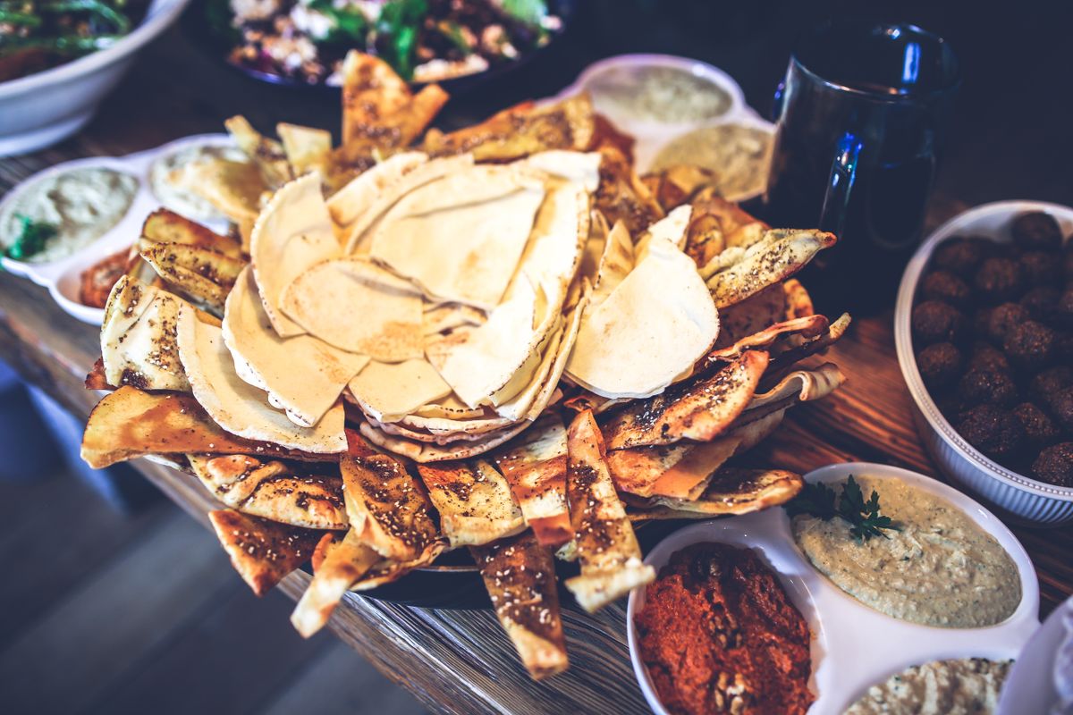 Middle Eastern mezze platter with pita bread and dips