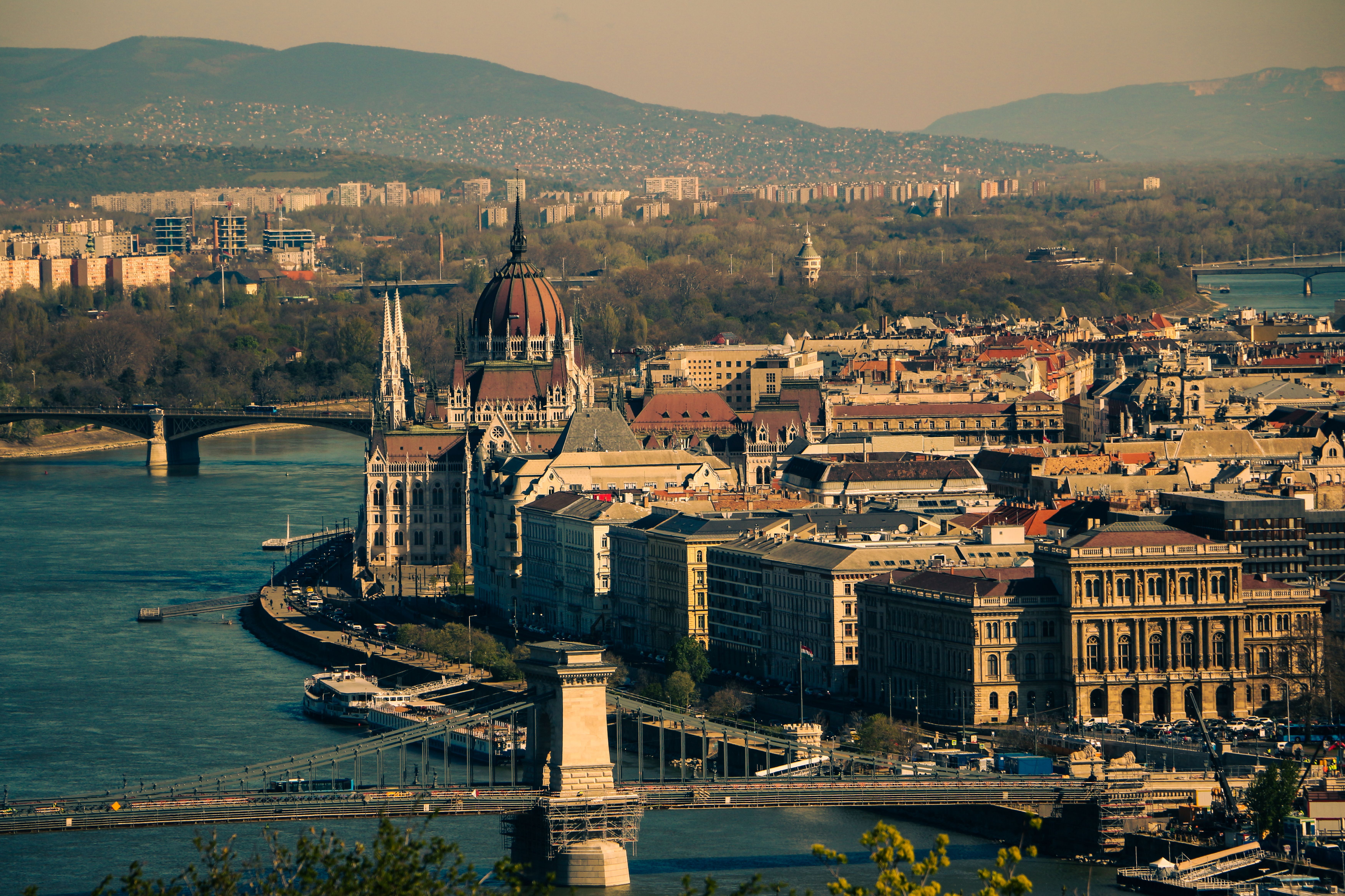 Aerial view of Budapest with the Danube dividing Buda and Pest