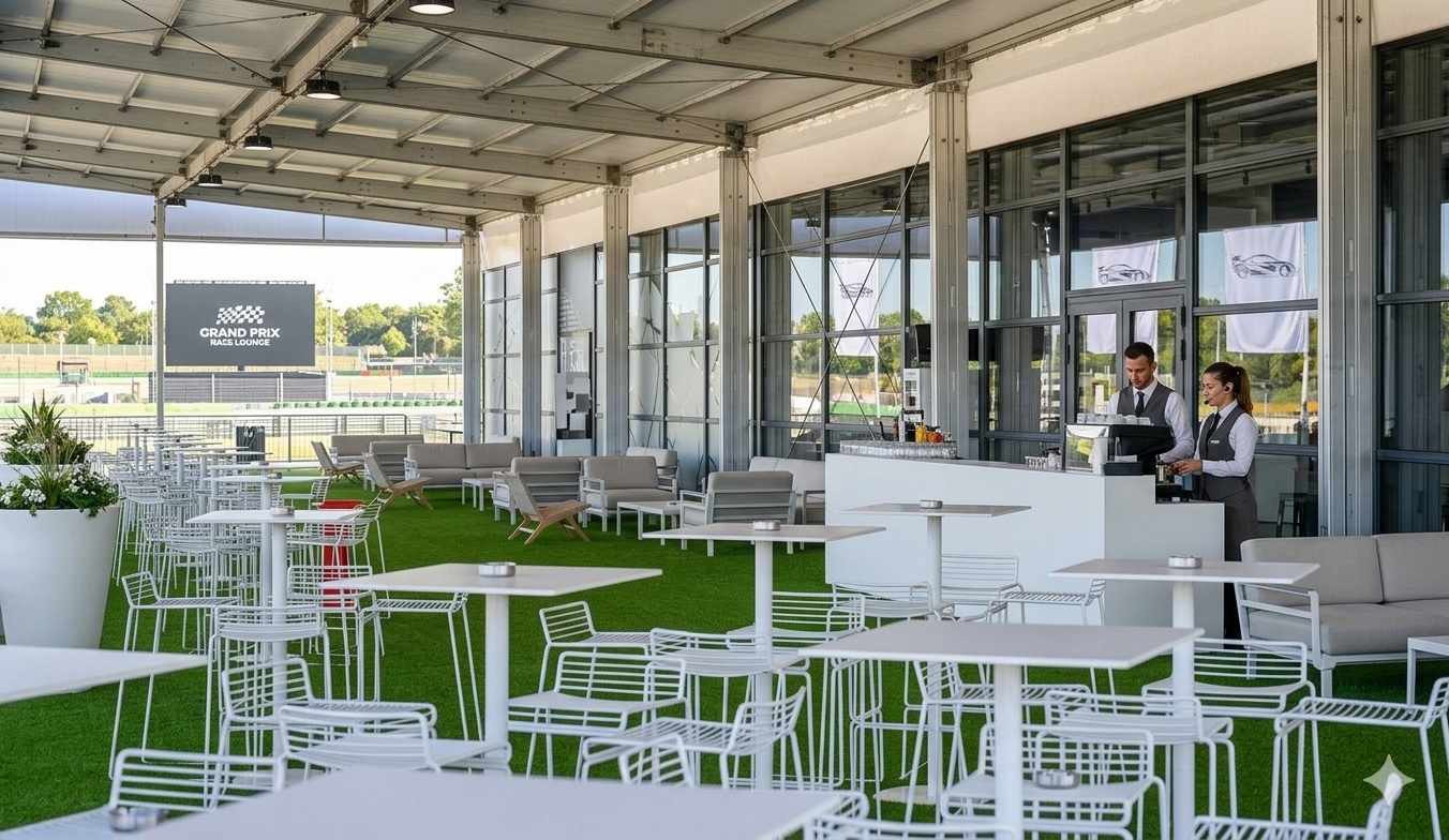 F1 hospitality lounge overlooking a corner at Monza