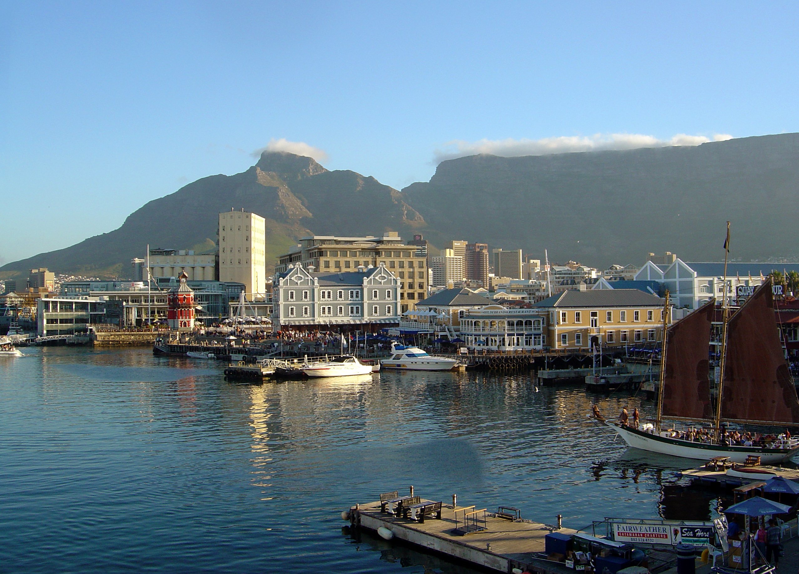 Aerial view of Cape Town's V&A Waterfront with Table Mountain in the background