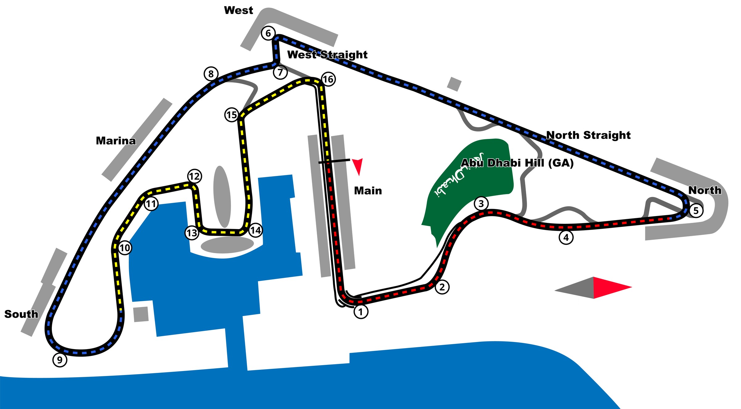 Yas Marina Circuit map showing Main, West, West Straight, North, North Straight, Marina, South grandstands, and the Abu Dhabi Hill general admission zone positioned around the track