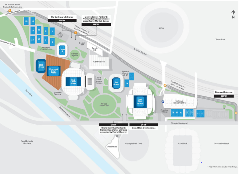 Melbourne Park precinct map showing Rod Laver Arena, Margaret Court Arena, John Cain Arena, and the outside courts