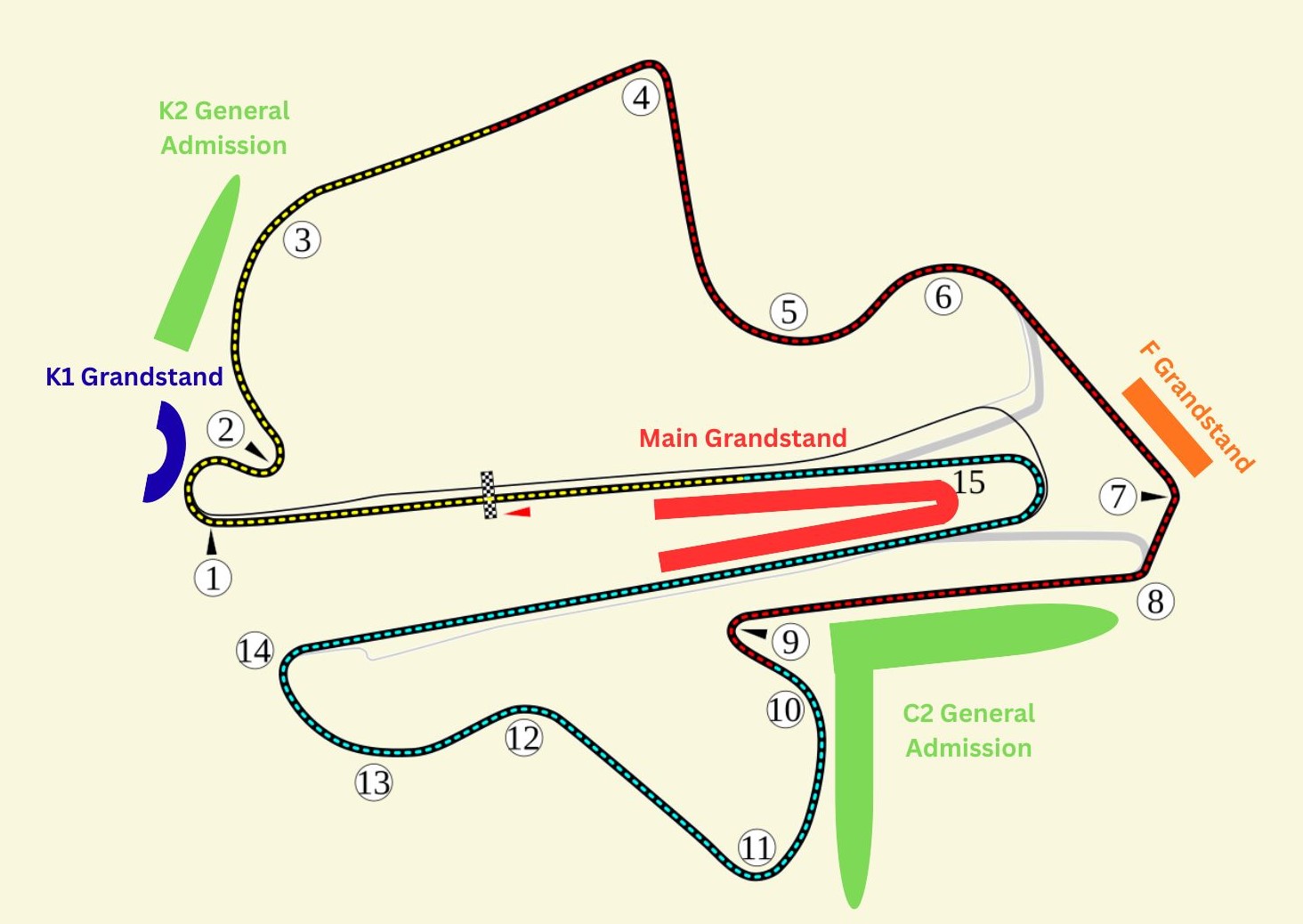 Sepang International Circuit map showing the Main Grandstand, K1 Grandstand, Grandstand F, and Hill Stand (C2 General Admission) positioned around the track