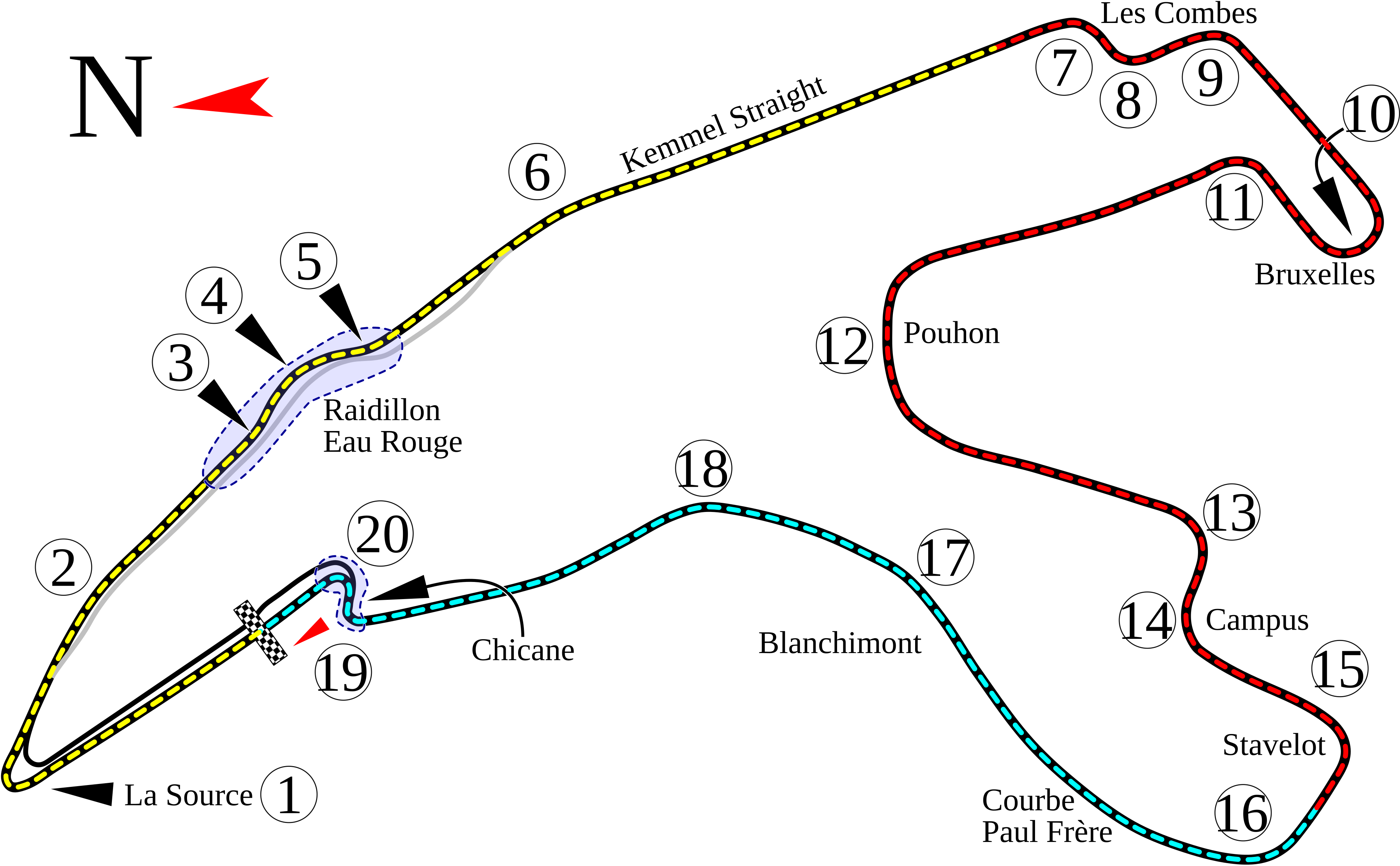 Circuit de Spa-Francorchamps layout, numbered 1-20, showing La Source, Eau Rouge/Raidillon, Kemmel Straight, Les Combes, Pouhon, Campus, Stavelot, Blanchimont, and the Bus Stop chicane