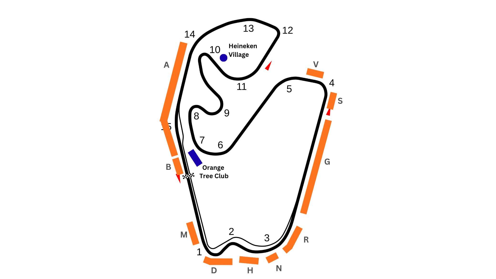 Interlagos circuit layout with grandstand zones, Heineken Village, and Orange Tree Club marked