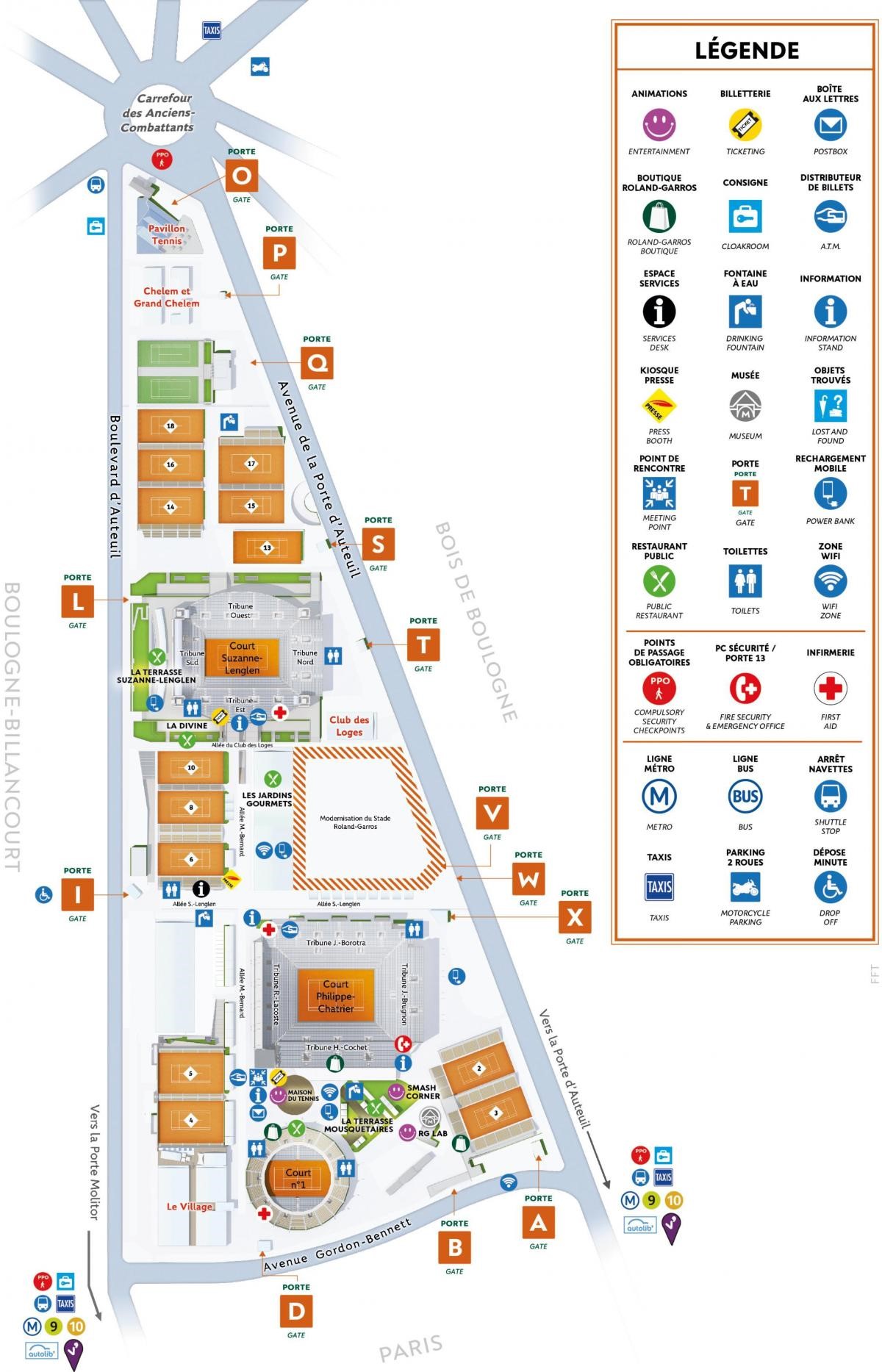 Official Roland-Garros grounds map showing court layout, gates, and facilities at Stade Roland-Garros
