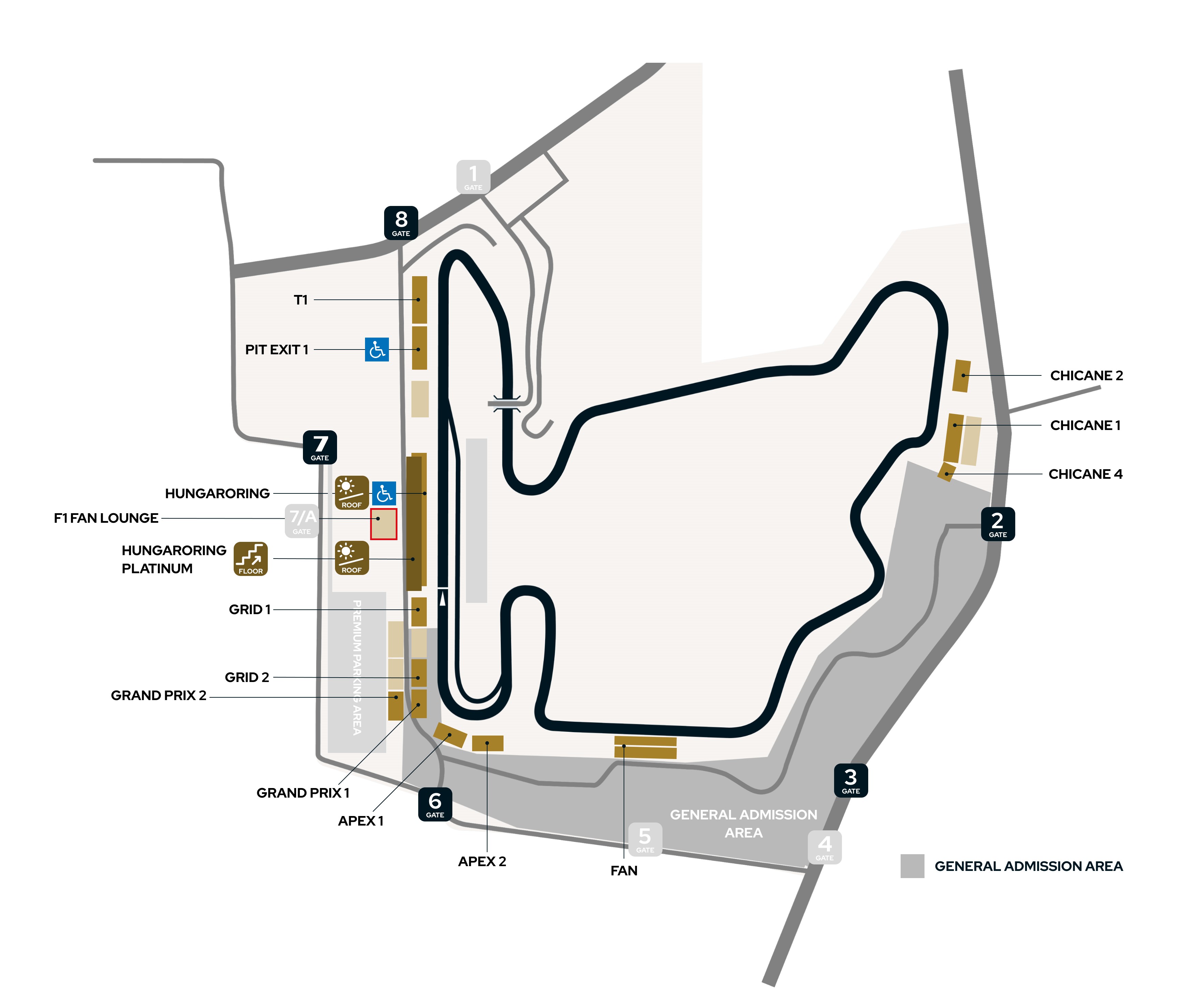 Hungaroring circuit layout with every gate, grandstand and General Admission area marked