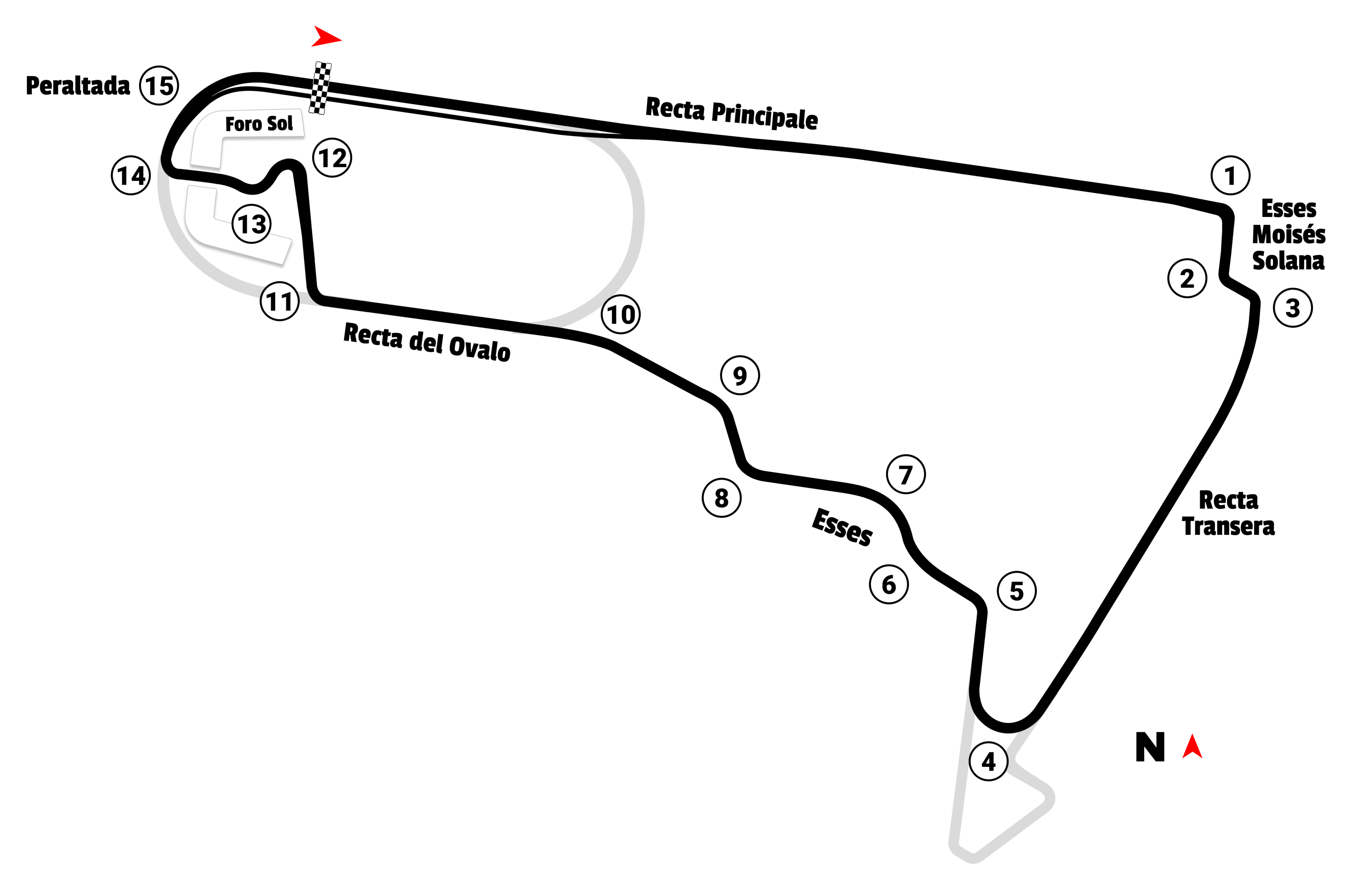 Autódromo Hermanos Rodríguez circuit layout with grandstand zones marked