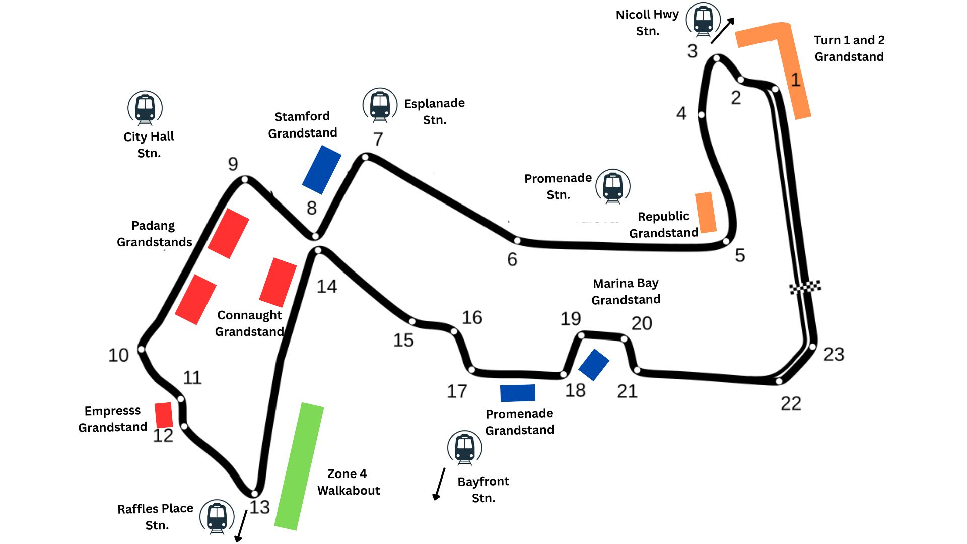 Marina Bay Street Circuit's 2023-onward track layout with Turn 1, Stamford, and Padang grandstands and the Zone 4 Walkabout marked