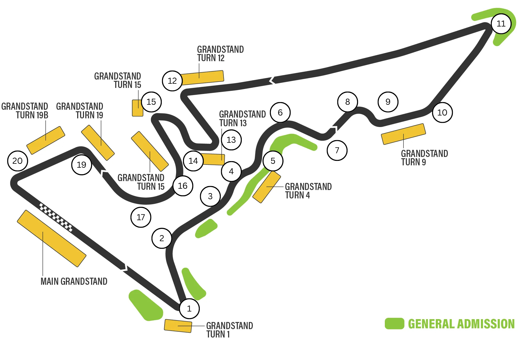 Circuit of the Americas track layout with numbered turns and grandstand locations