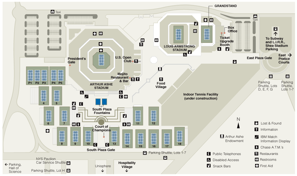 Official USTA Billie Jean King National Tennis Center grounds map showing court layout, gates, and facilities