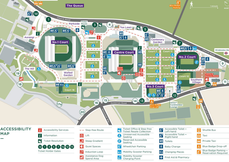 Official AELTC grounds map showing court layout, gates, and facilities at the Wimbledon Championships
